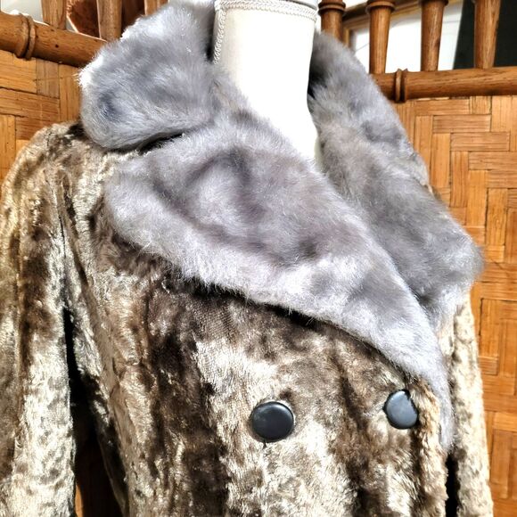 VTG MOD 60 70s trench Faux SILVER MINK Fur Broadtail Lamb Double Breasted Coat M - Picture 8 of 11